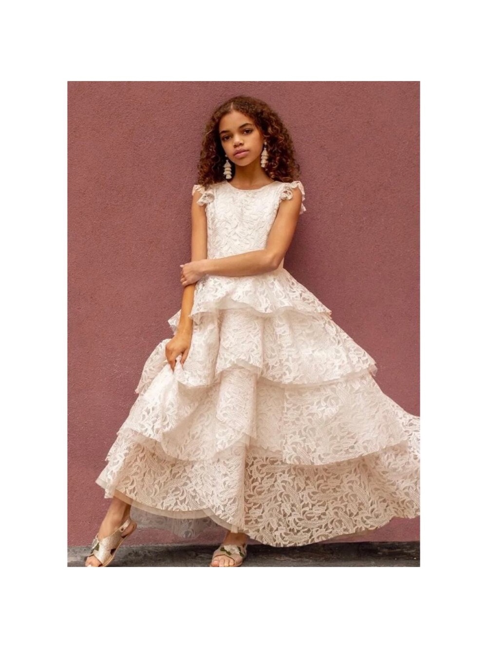 Joyfolie Ivory Lace Tiered Ruffle Dress for Girls